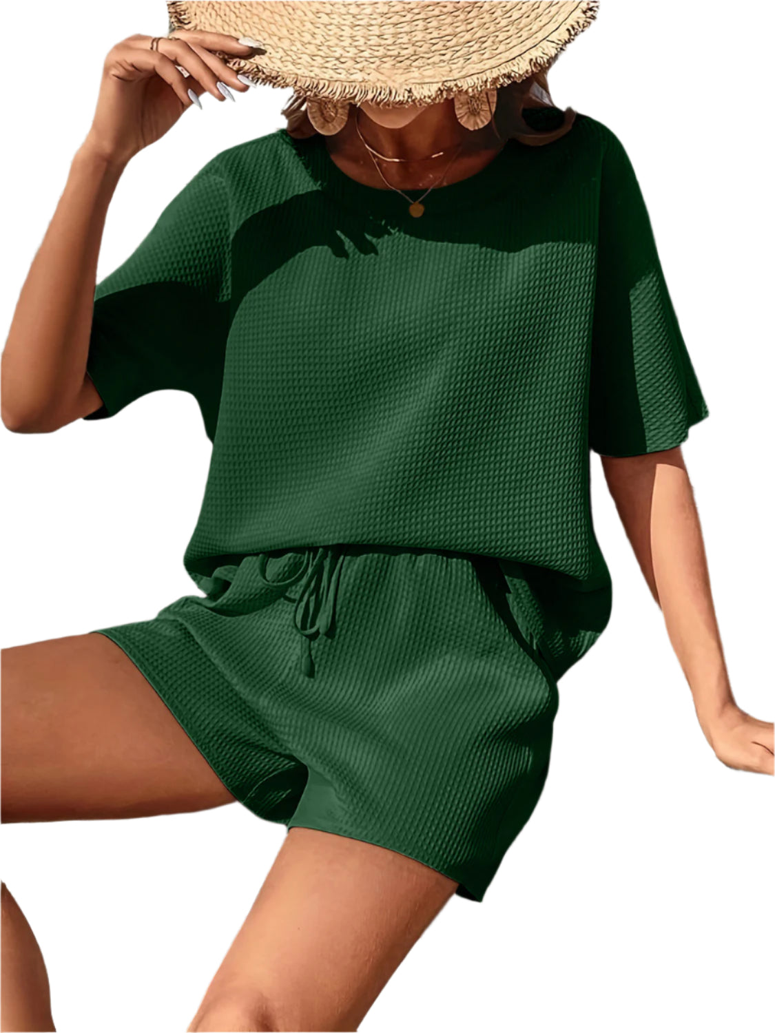 Waffle-Knit Half Sleeve Top and Shorts Set
