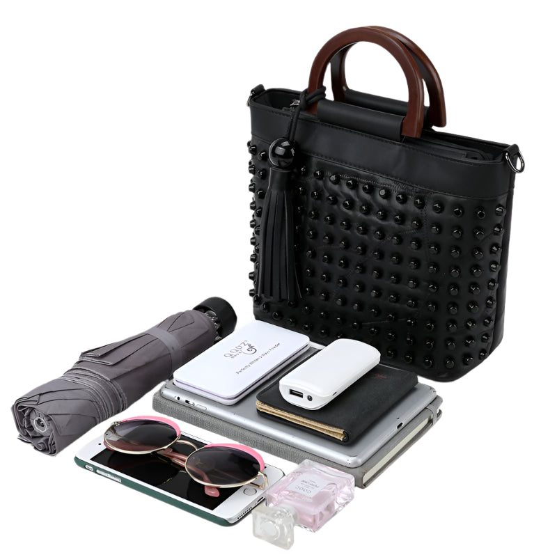 Riveted Sheepskin Tassel Accent Handbag