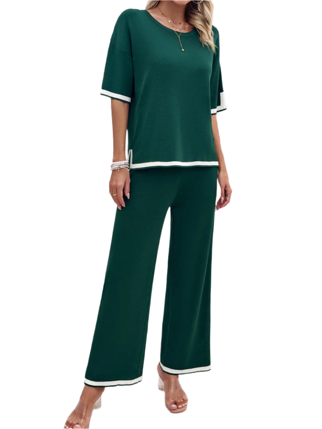 Devine Contrast Trim Round Neck Top and Pants Set