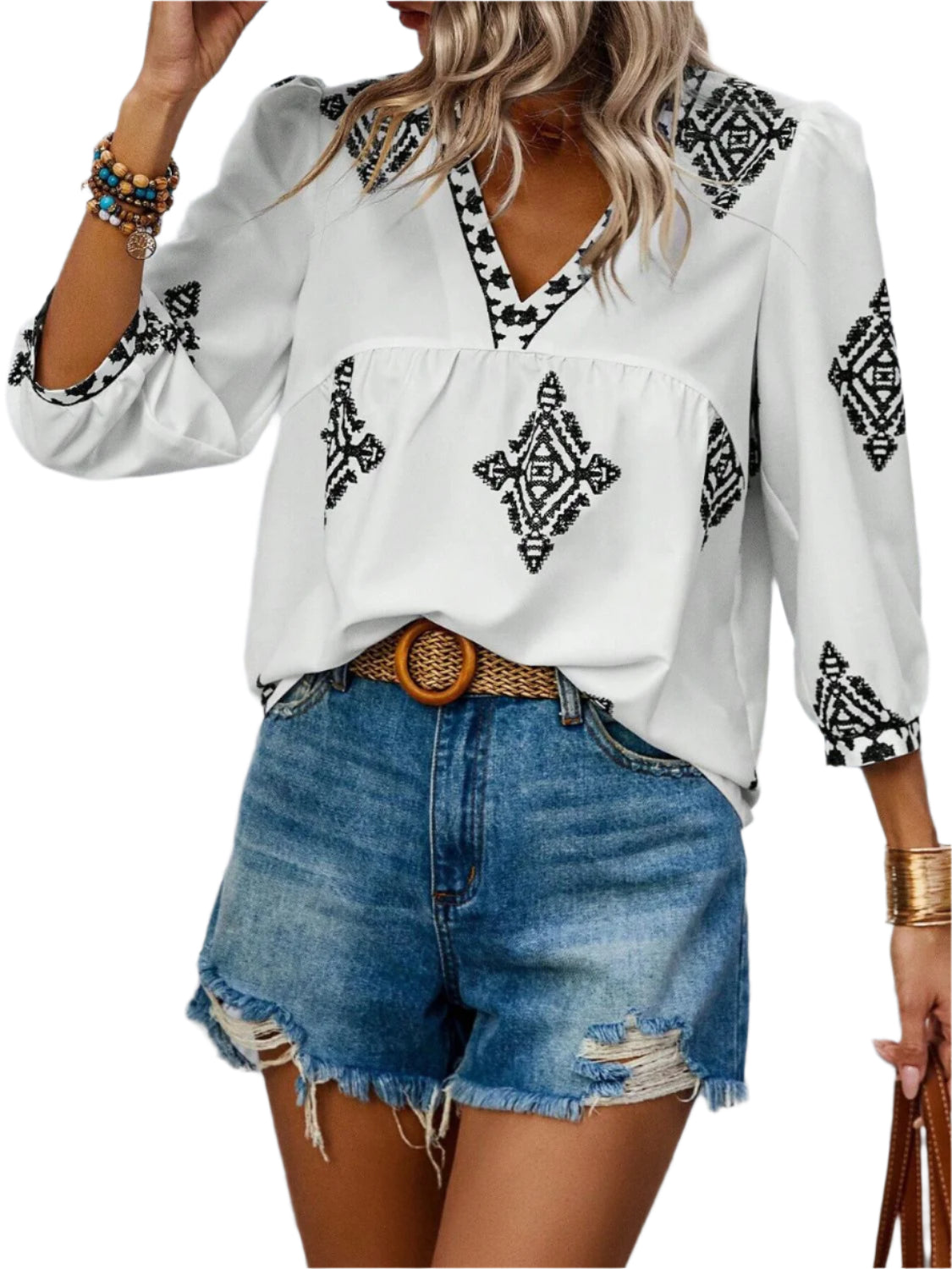 Printed V-Neck Three-Quarter Sleeve Blouse