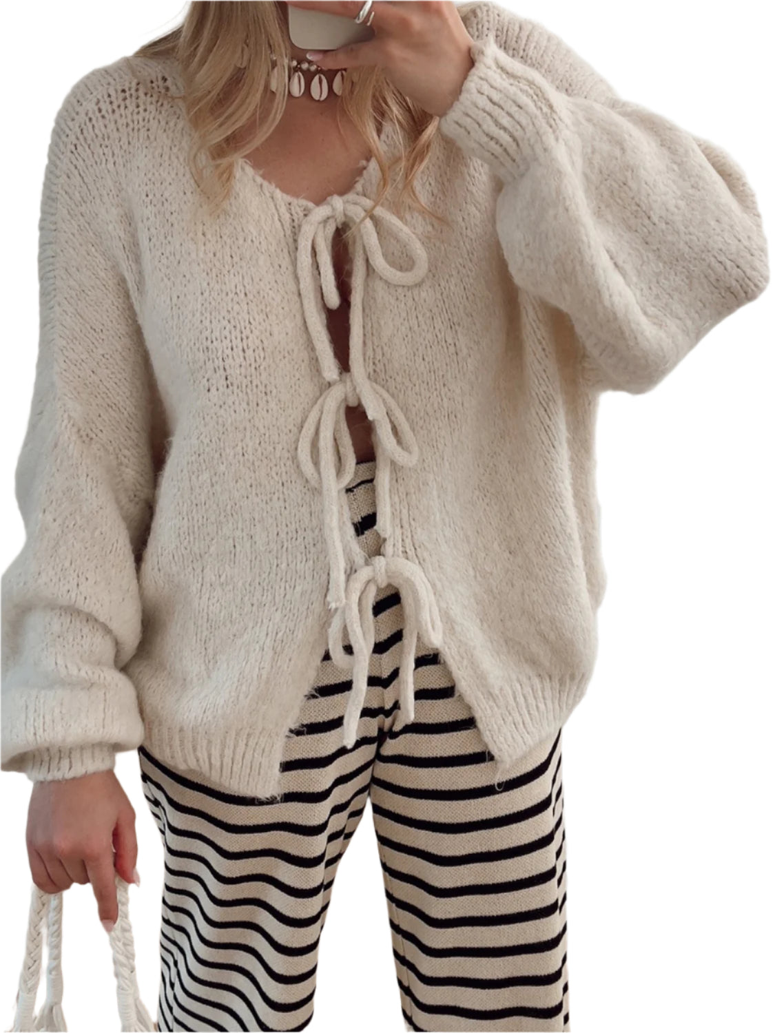 Tied Long Sleeve Dropped Shoulder Cardigan