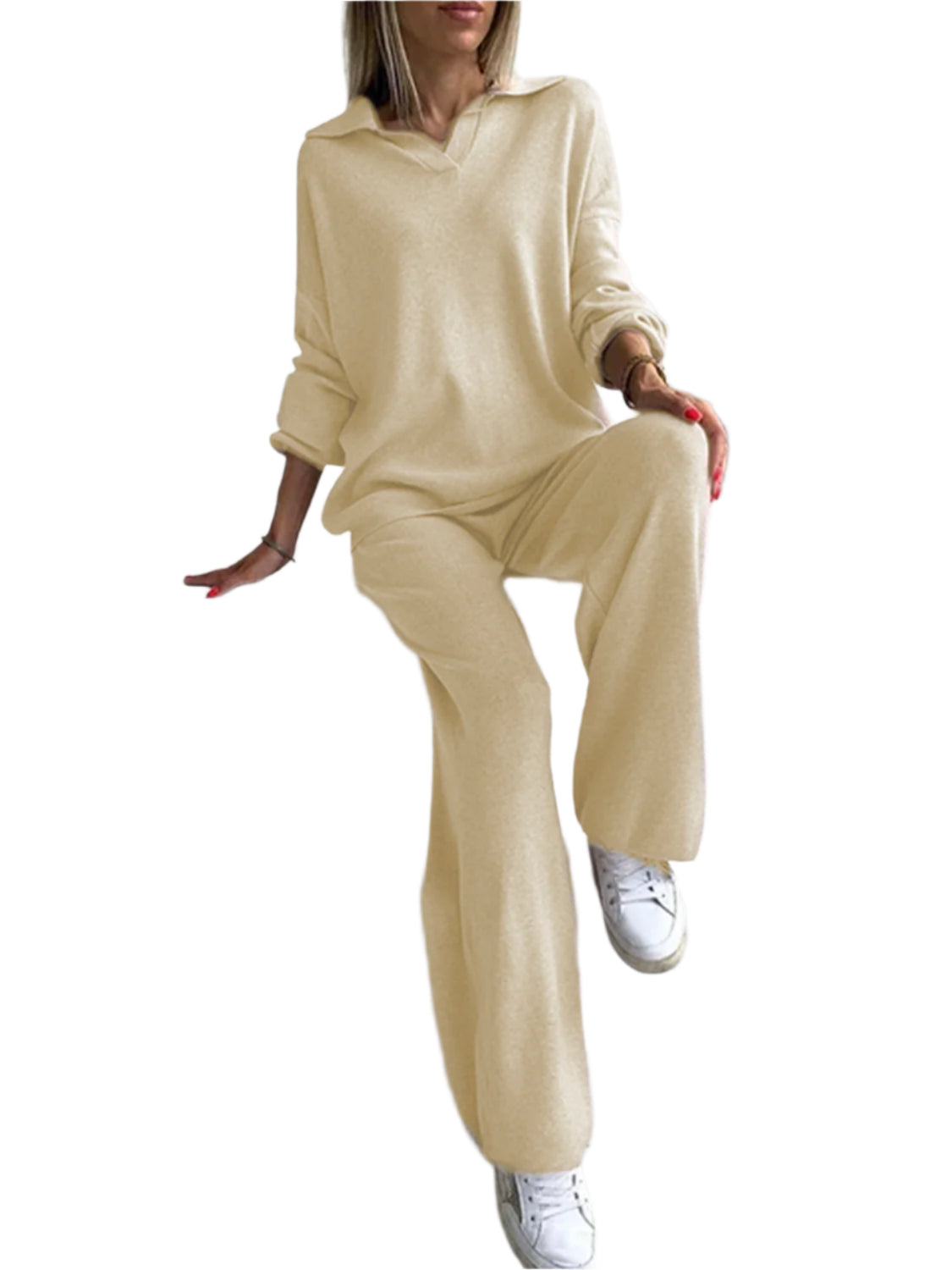Johnny Collar Long Sleeve Top and Pants Sweater Set