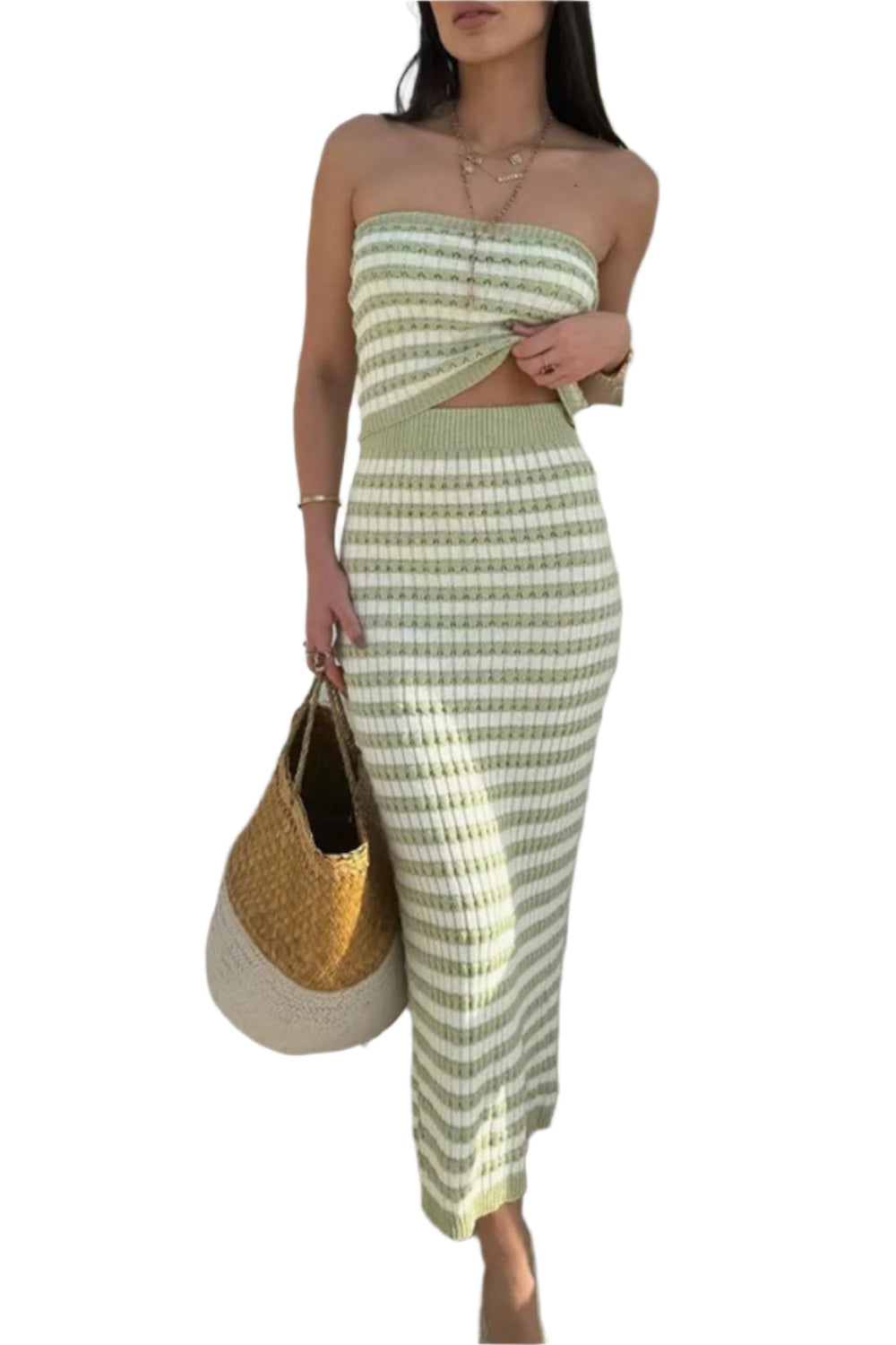 Contrast Striped Tube Top and Skirt Sweater Set