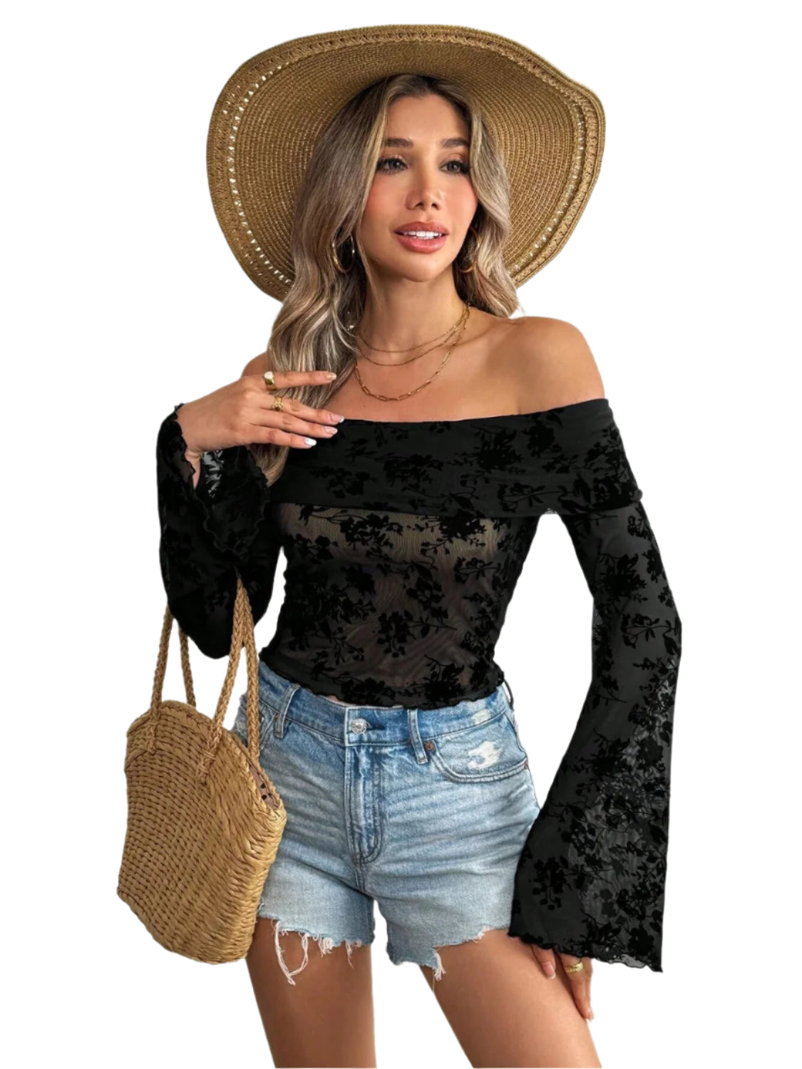 Embroidered Tie Neck Puff Sleeve Blouse