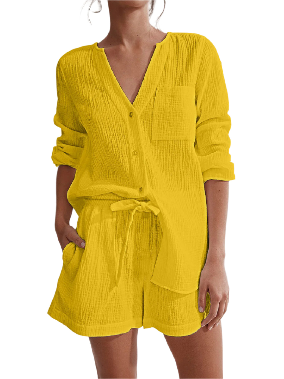 Notched Long Sleeve Top and Shorts Set