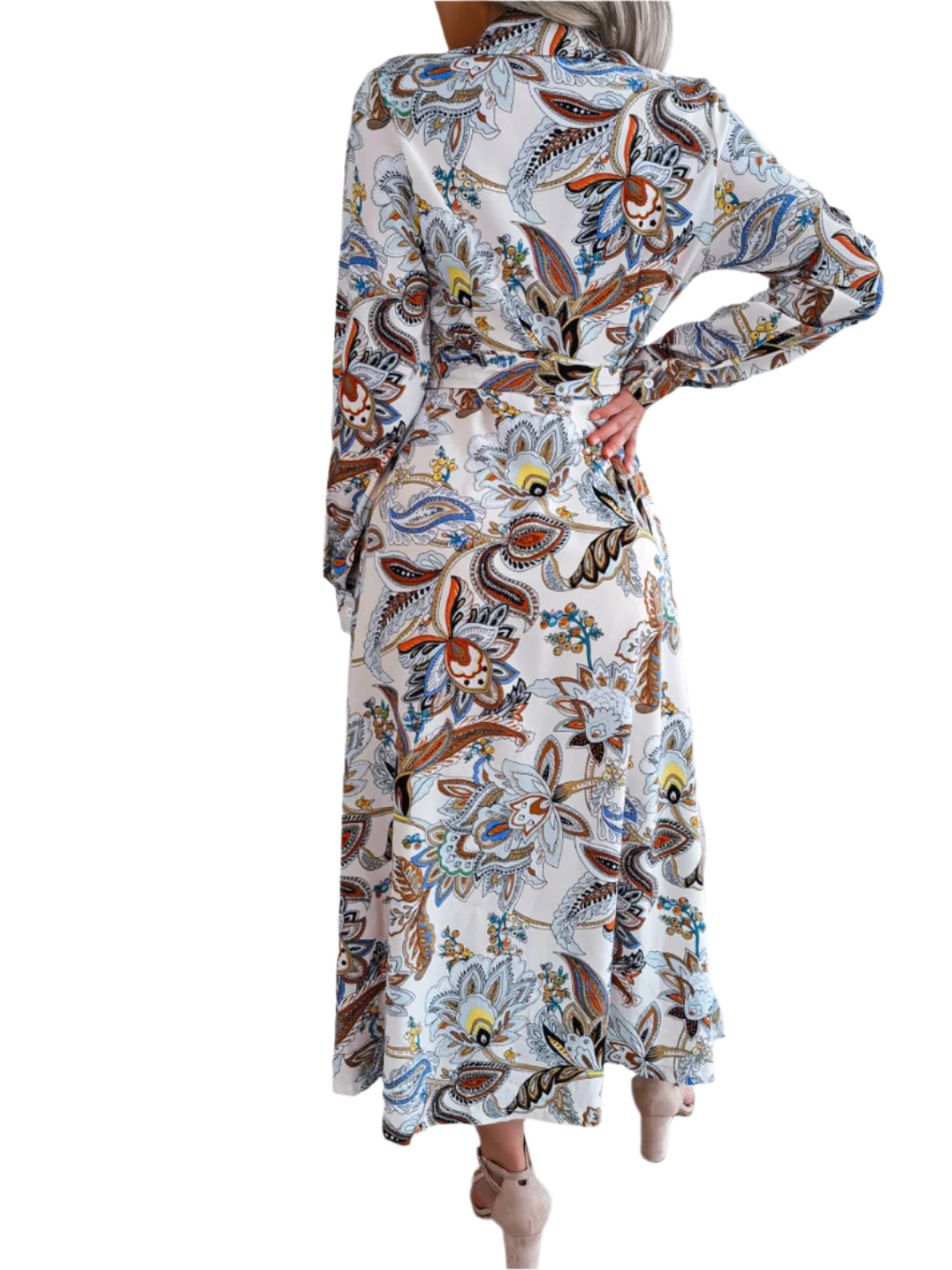 Tied Printed Long Sleeve Midi Dress