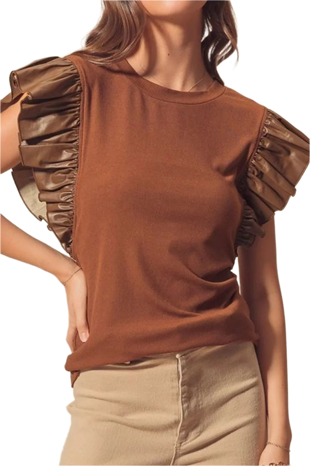 Ruffled Round Neck Cap Sleeve Blouse