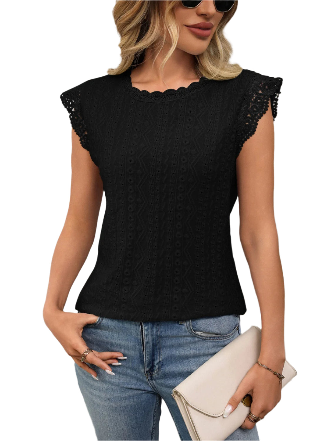 Lace Detail Round Neck Cap Sleeve Top