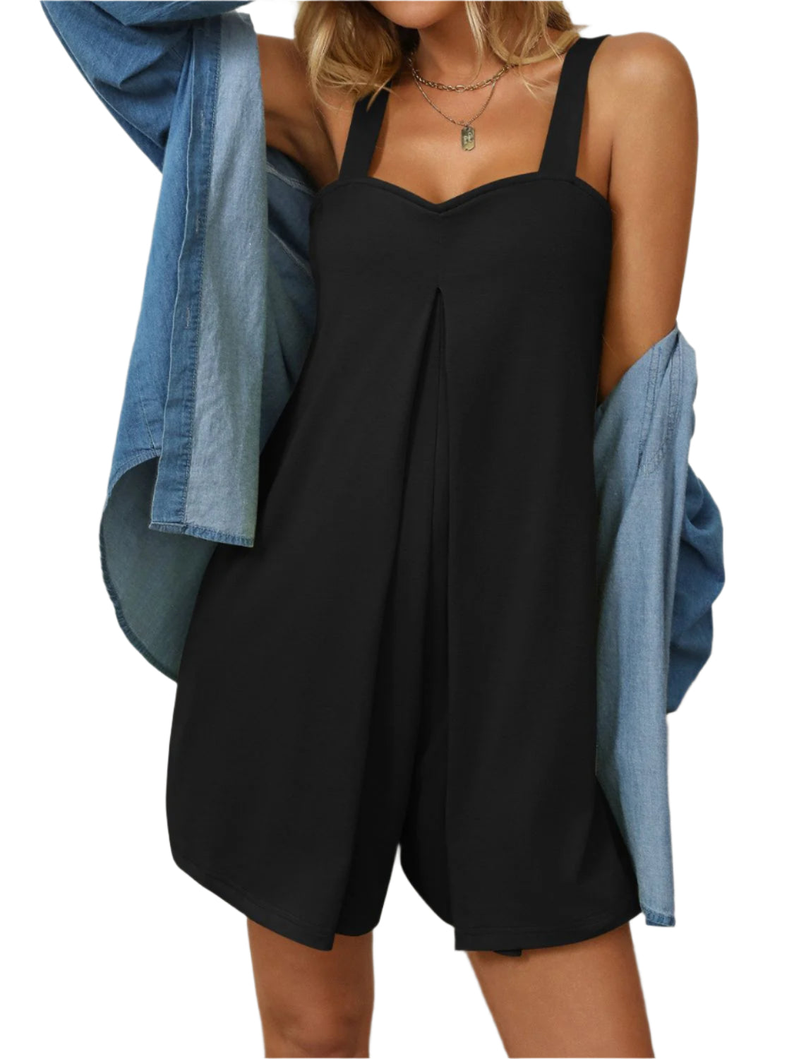 Mandy Sweetheart Neck Wide Strap Romper with Pockets