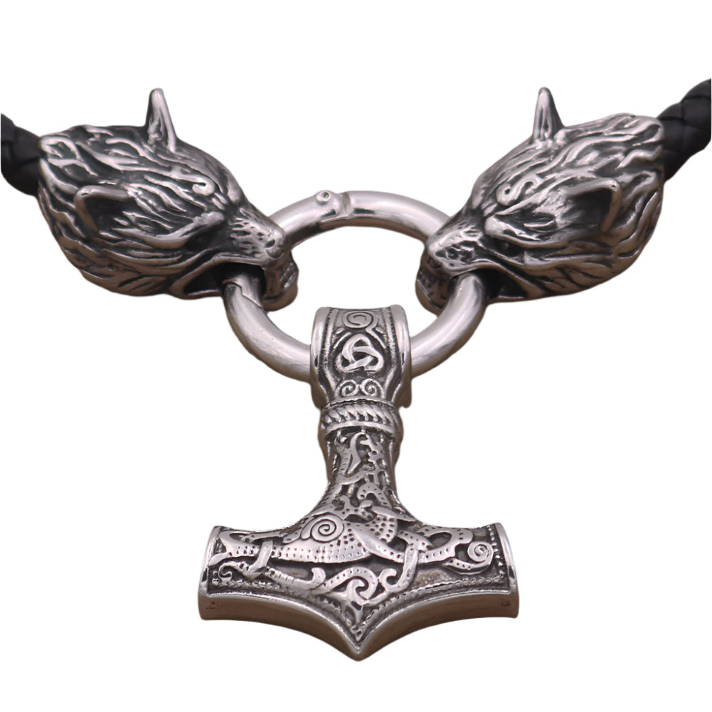 Cowhide Leather Double Braided Necklace with Stainless Steel Wolf Heads Holding a Mjolnir Pendant