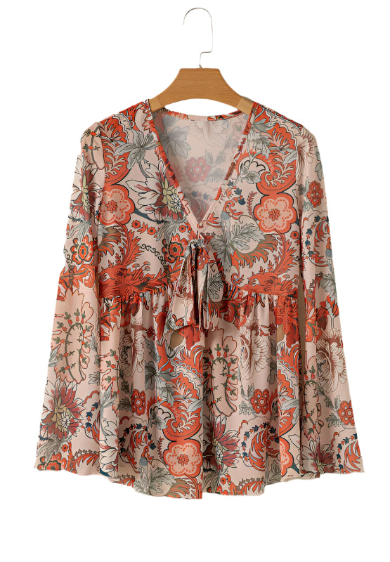 Floral V-Neck Flare Sleeve Blouse