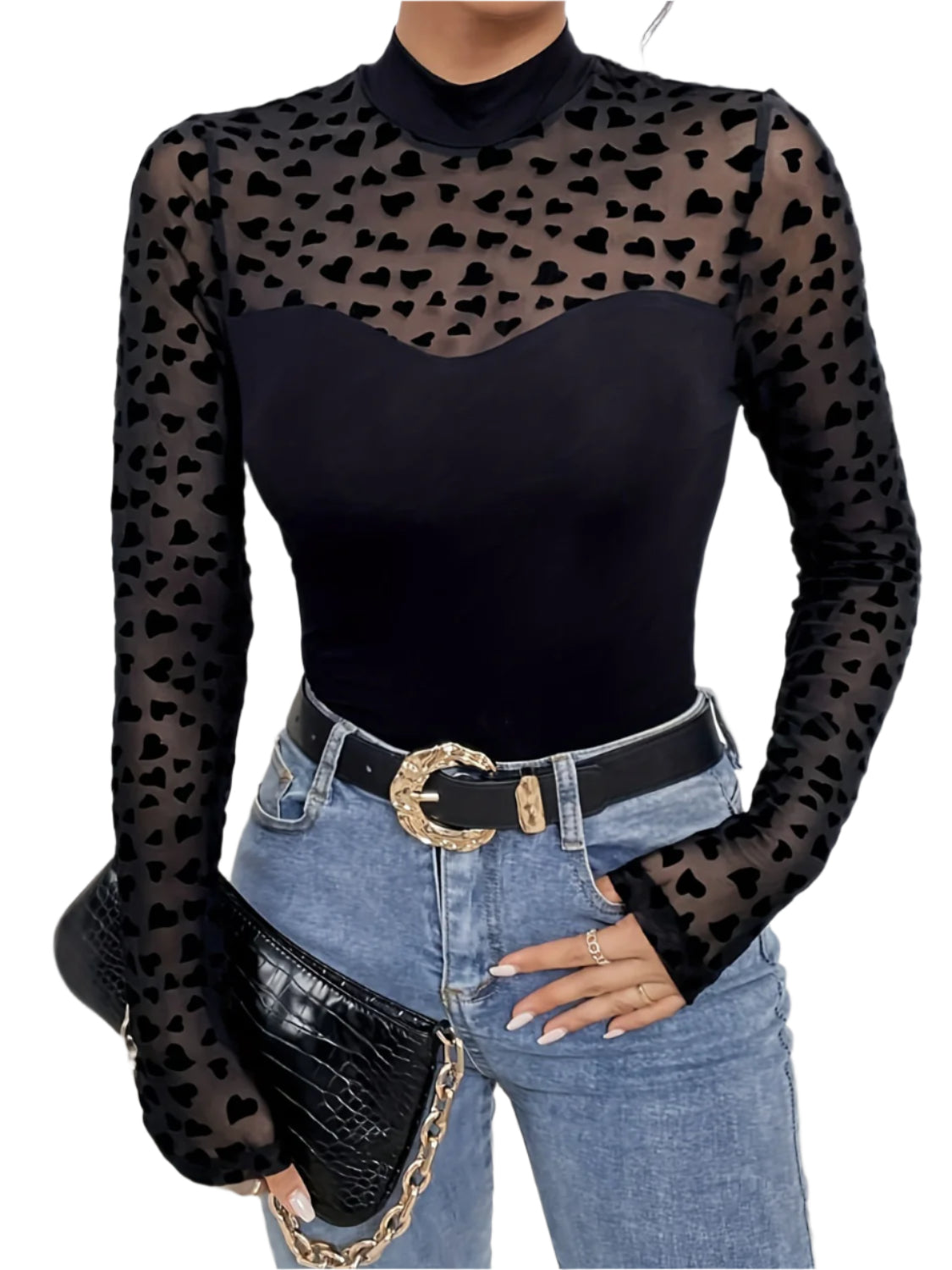 Heart Mock Neck Long Sleeve T-Shirt