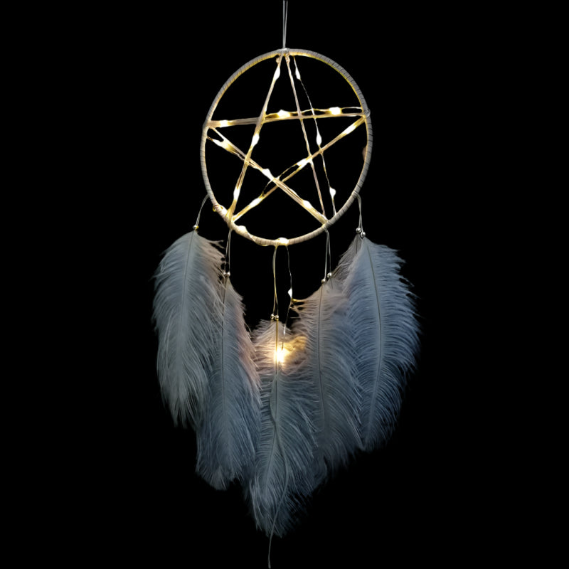 Pentagram with Feathers Light Wall Hanging