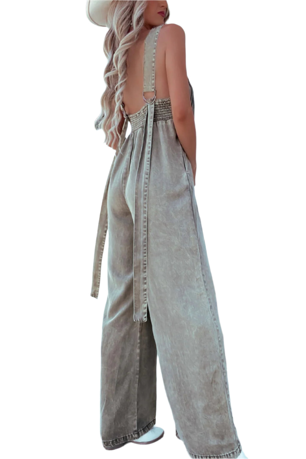 V-Neck Wide Leg Denim Jumpsuit