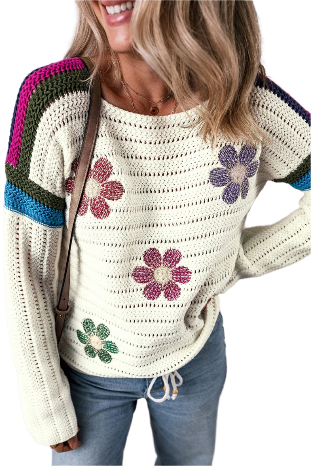Flower Round Neck Long Sleeve Sweater