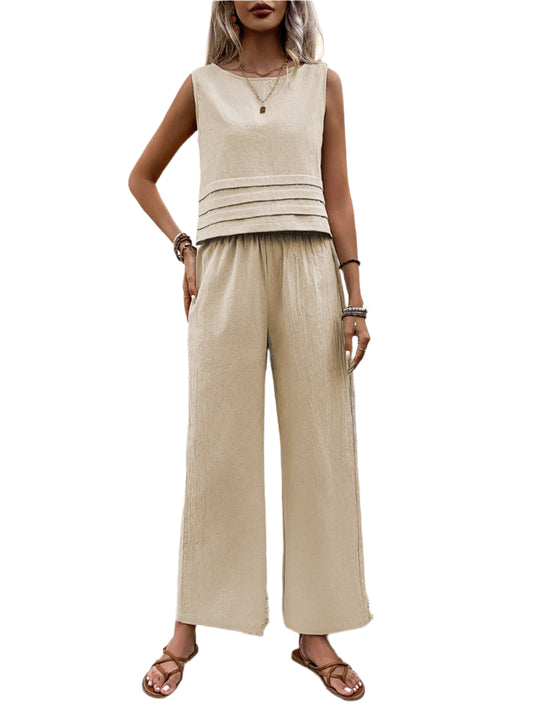 Honey Round Neck Sleeveless Top and Wide Leg Pants Set