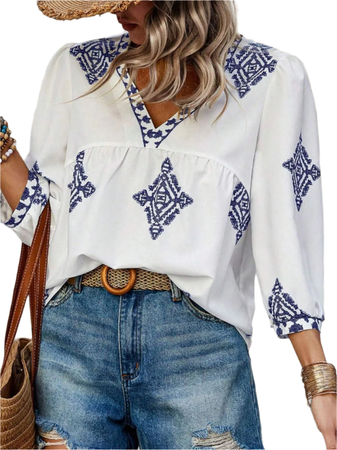 Printed V-Neck Three-Quarter Sleeve Blouse