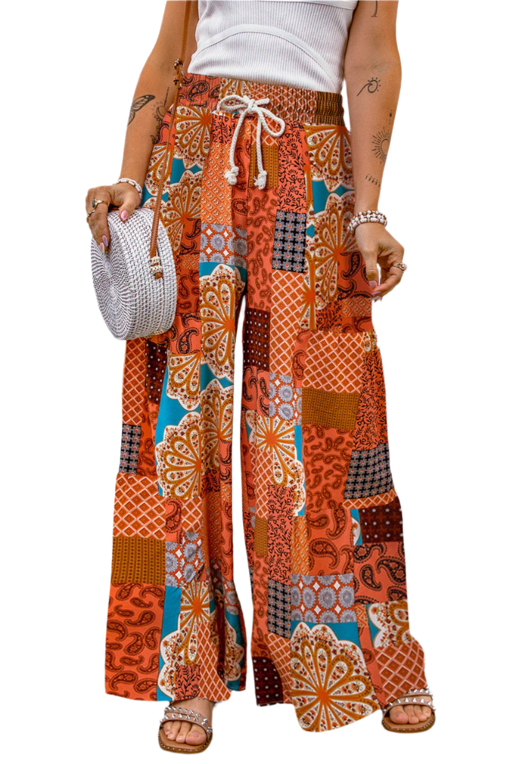 Bohemian Patchwork Drawstring Wide Leg Pants
