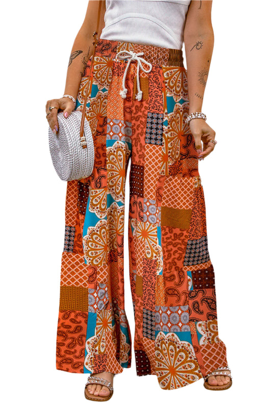 Bohemian Patchwork Drawstring Wide Leg Pants