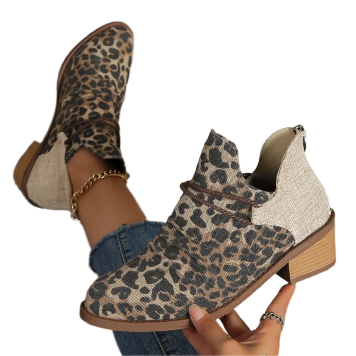 Contrast Canvas Low Heel Boots