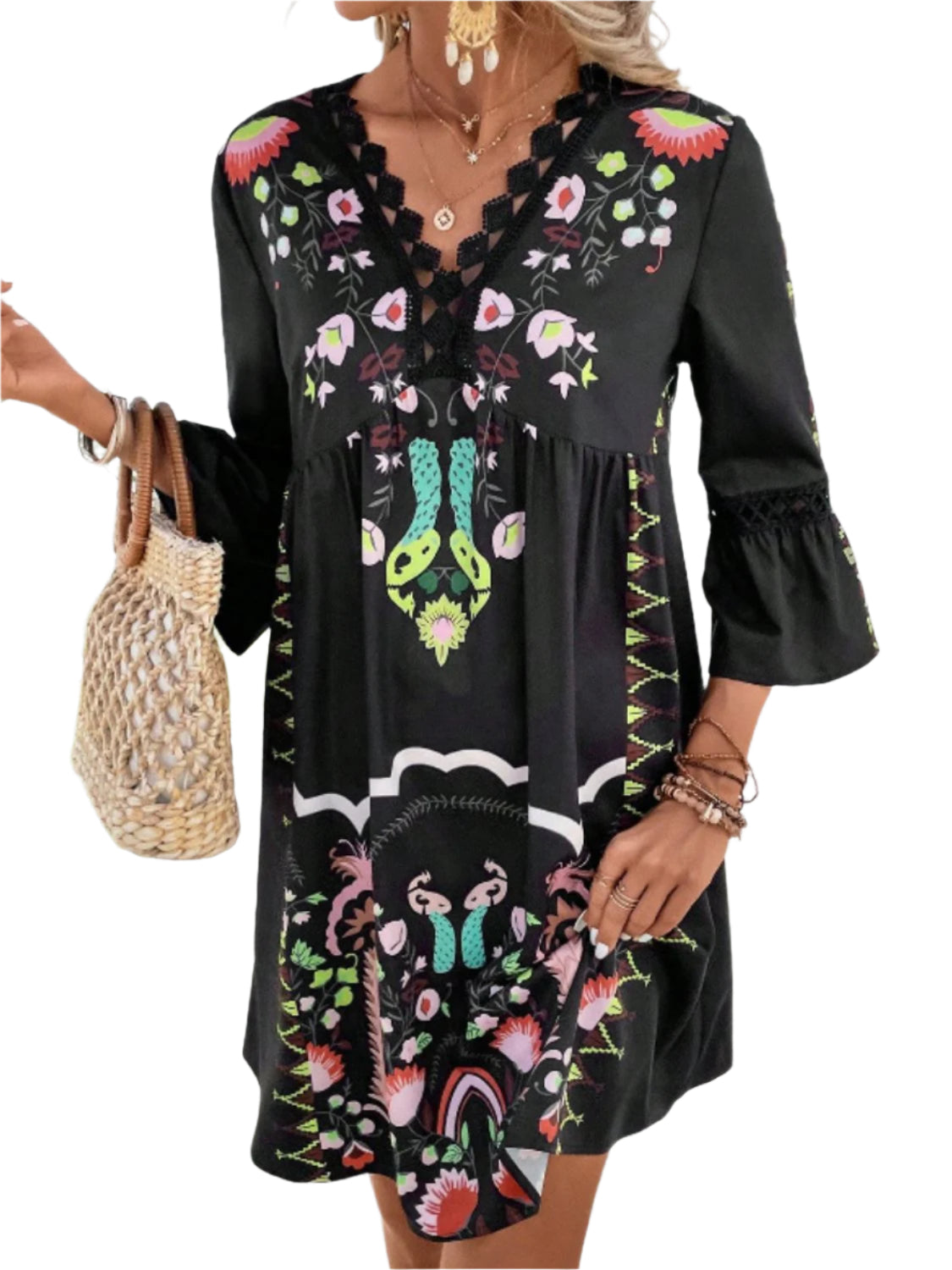 Lace Detail Printed Three-Quarter Sleeve Dress