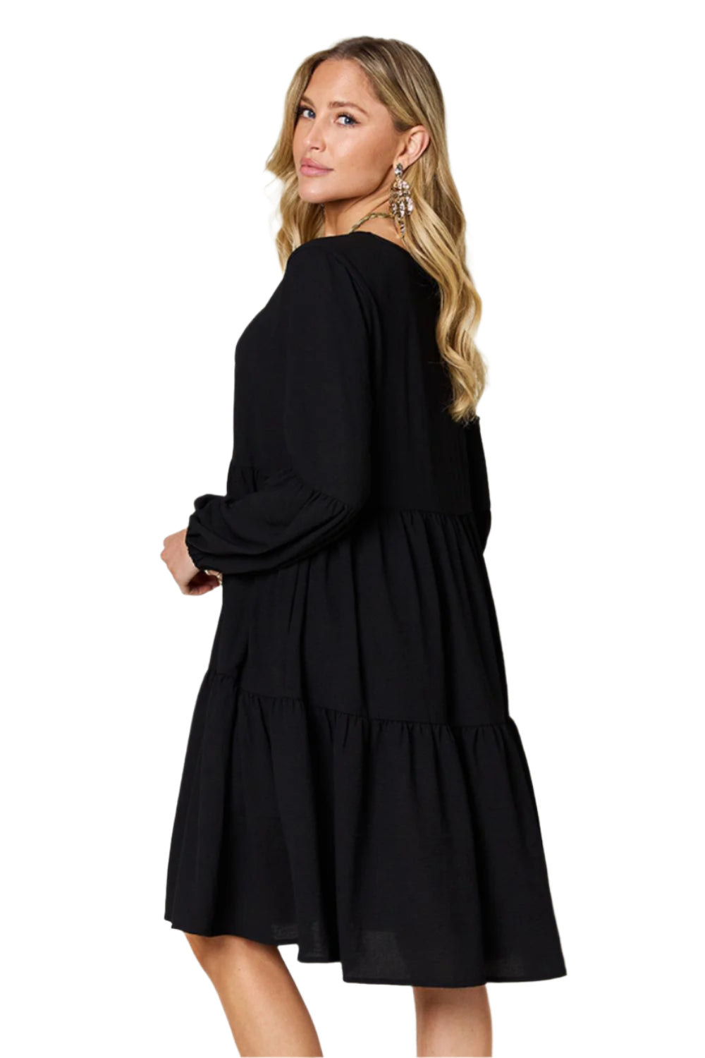 Double Take Full Size V-Neck Balloon Sleeve Tiered Dress with Pockets