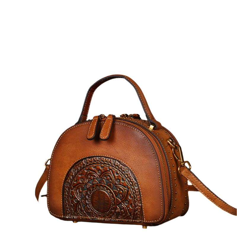 Embossed Sunflower Design Cowhide Leather Handbag