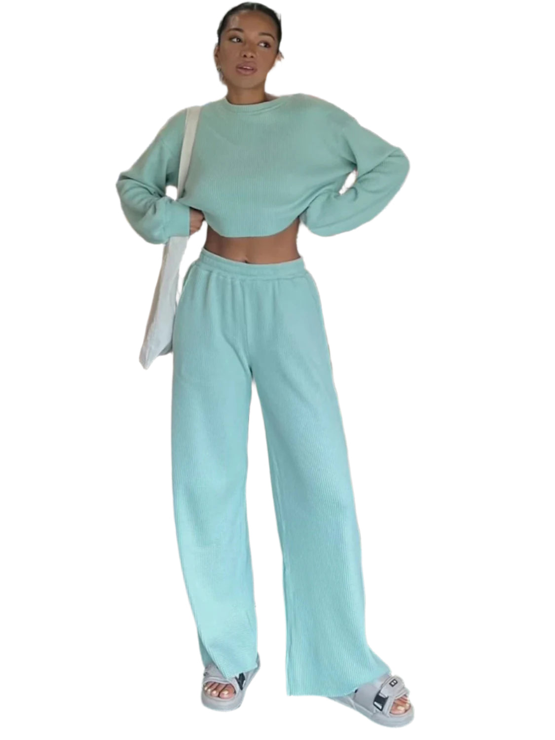 Waffle-Knit Round Neck Top and Pants Set
