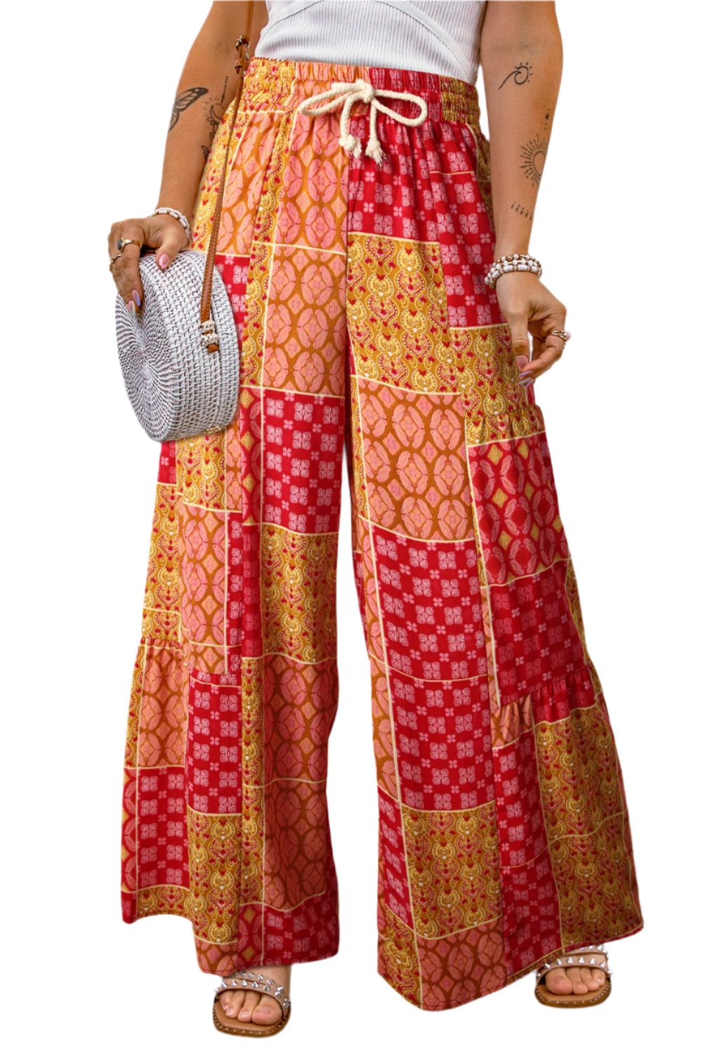 Bohemian Patchwork Drawstring Wide Leg Pants