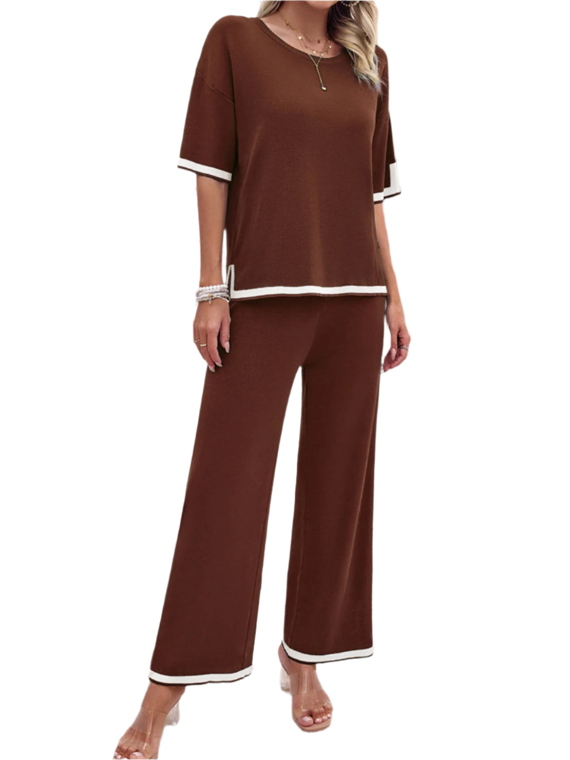 Devine Contrast Trim Round Neck Top and Pants Set
