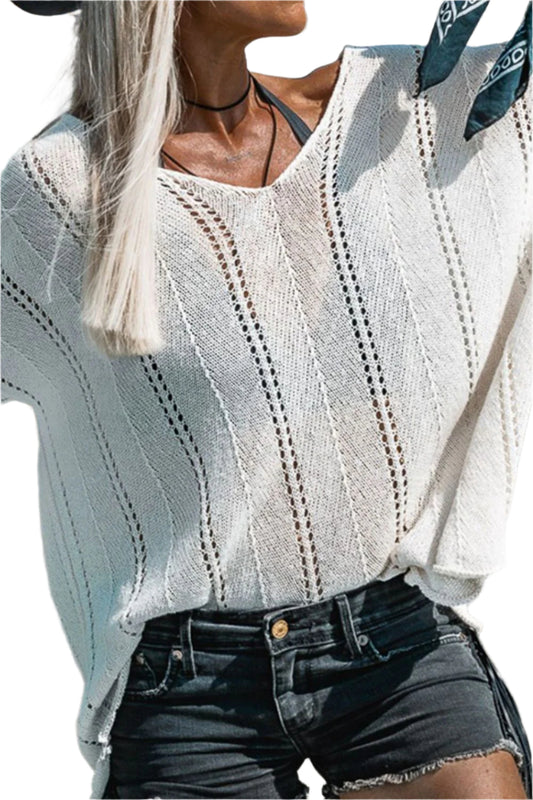Openwork V-Neck Long Sleeve Knit Top