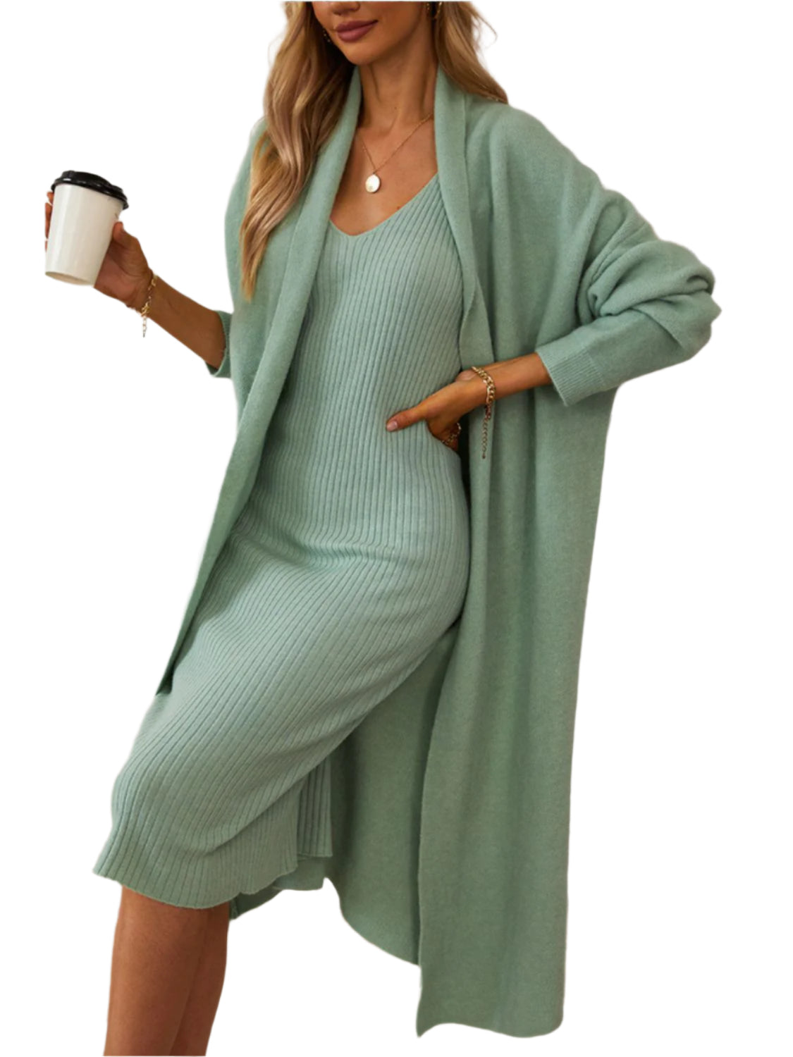 V-Neck Cami Dress and Open Front Cardigan Sweater Set