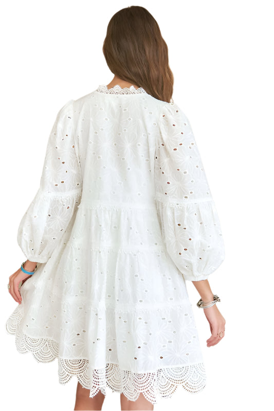 ADORA Lace Detail Tiered Eyelet V-Neck Babydoll Dress