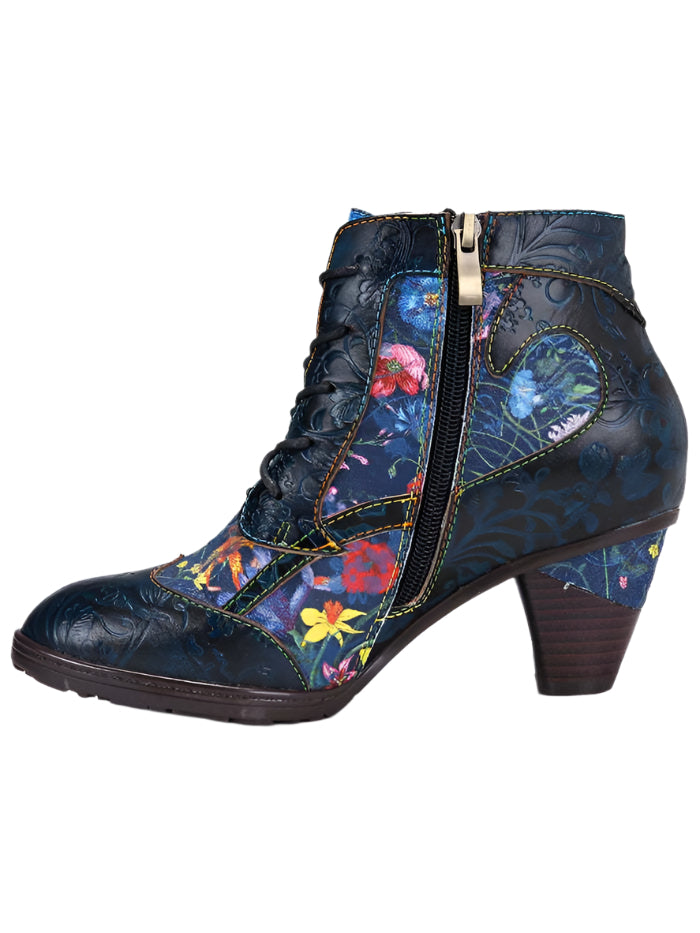 Cowhide Side Zipper Floral High Heel Ankle Boots