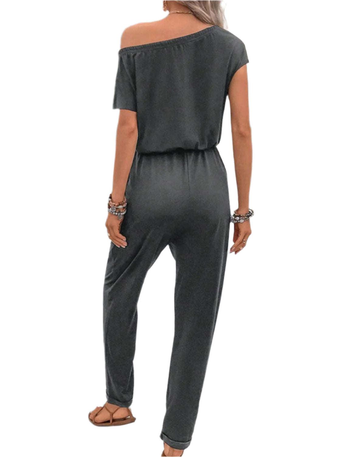 Perfee Single Shoulder Short Sleeve Jumpsuit