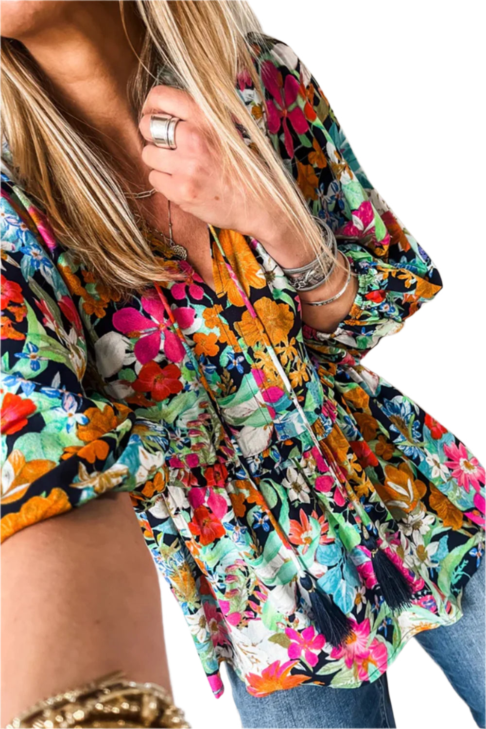 Floral Tie Neck Balloon Sleeve Blouse