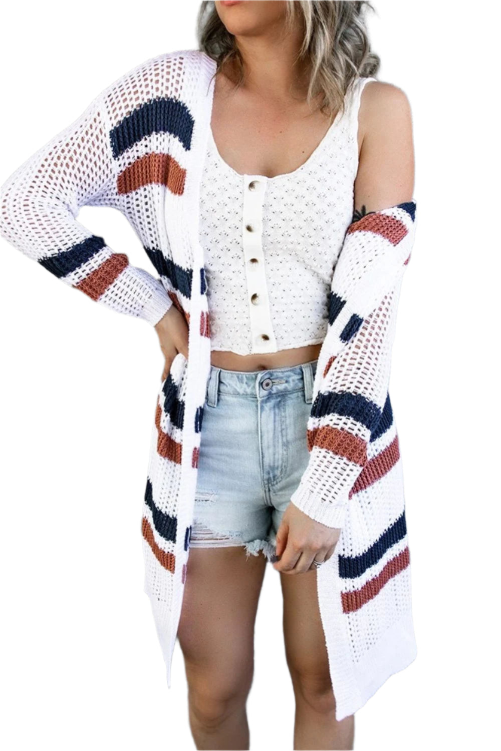 Contrast Openwork Open Front Long Sleeve Cardigan