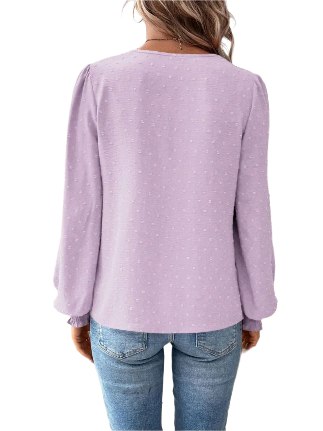 Swiss Dot Lace Detail Notched Long Sleeve Blouse