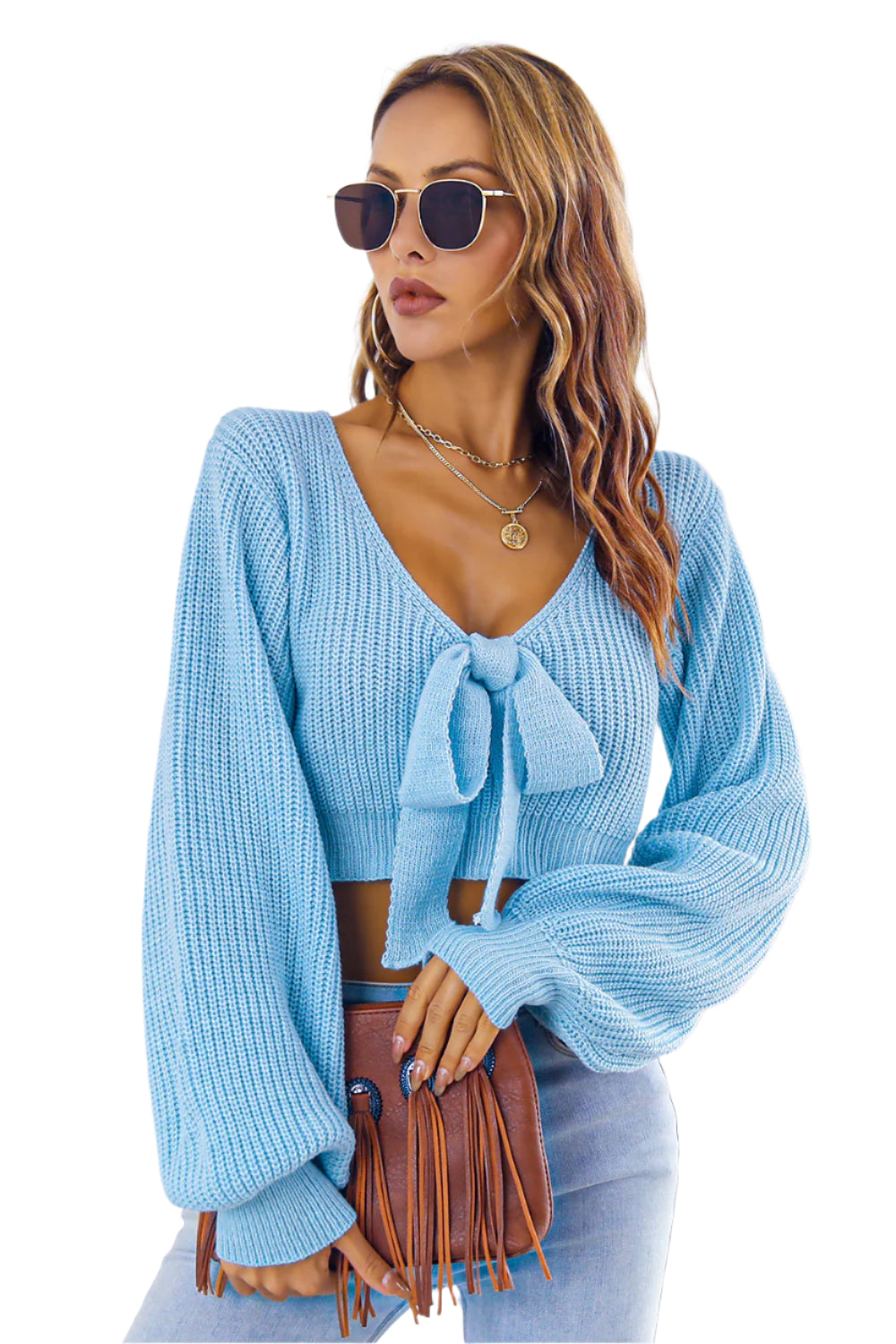 Bow V-Neck Long Sleeve Cropped Sweater