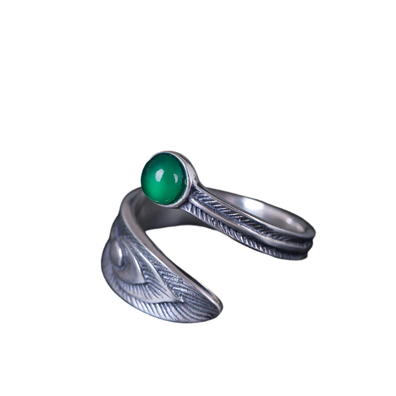 925 Sterling Silver Peacock Feather Rings Featuring Jade or Malachite Crystal