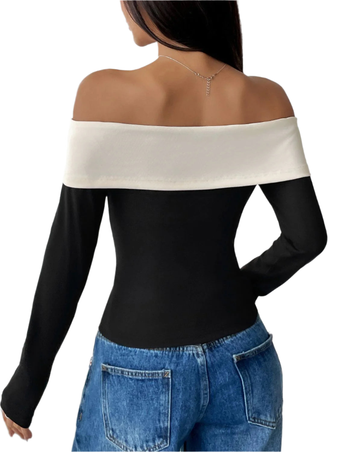 Perfee Bow Contrast Off-Shoulder Long Sleeve Top