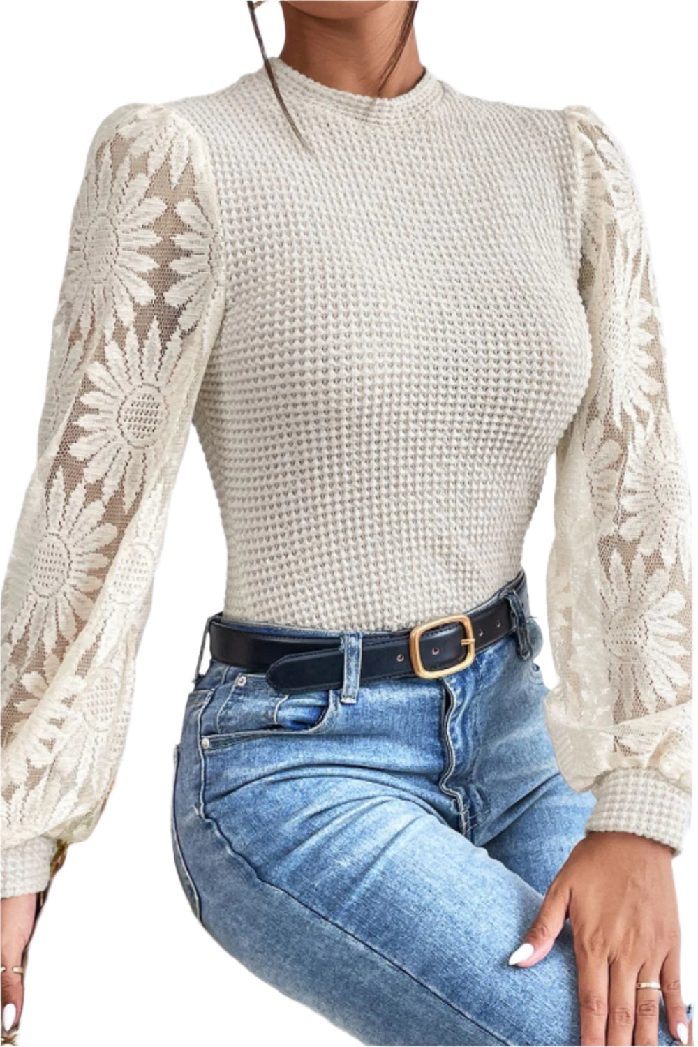 Mock Neck Lace Long Sleeve Top