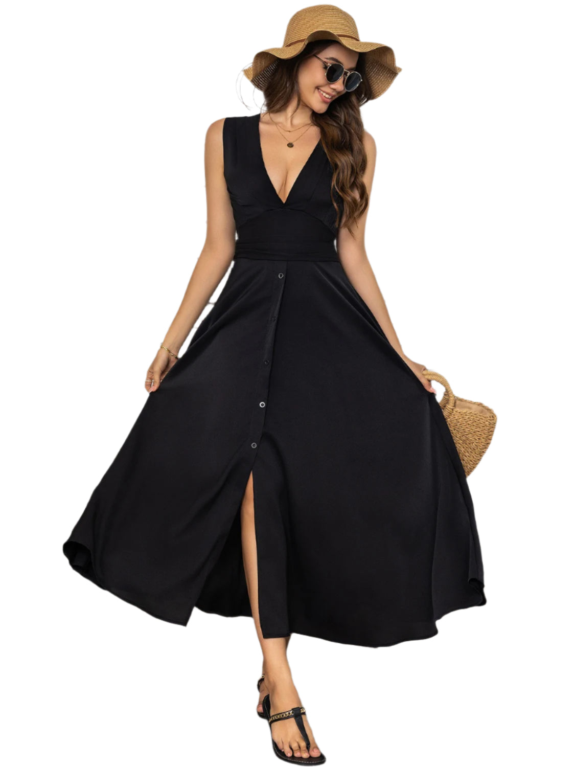 Full Size Slit V-Neck Sleeveless Midi Dress