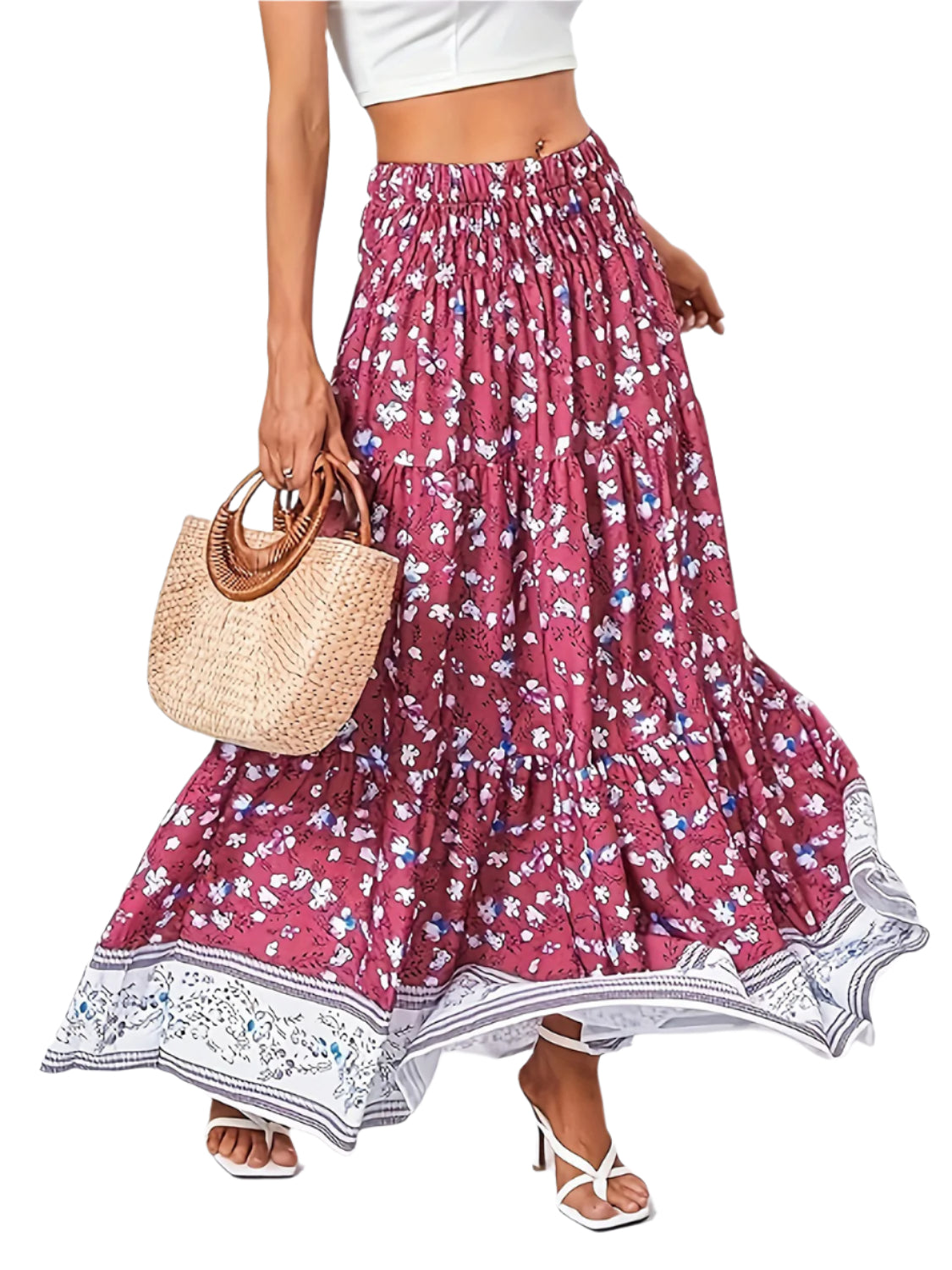 Full Size Tiered Printed Elastic Waist Skirt