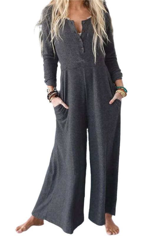 Pocketed Long Sleeve Wide Leg Jumpsuit