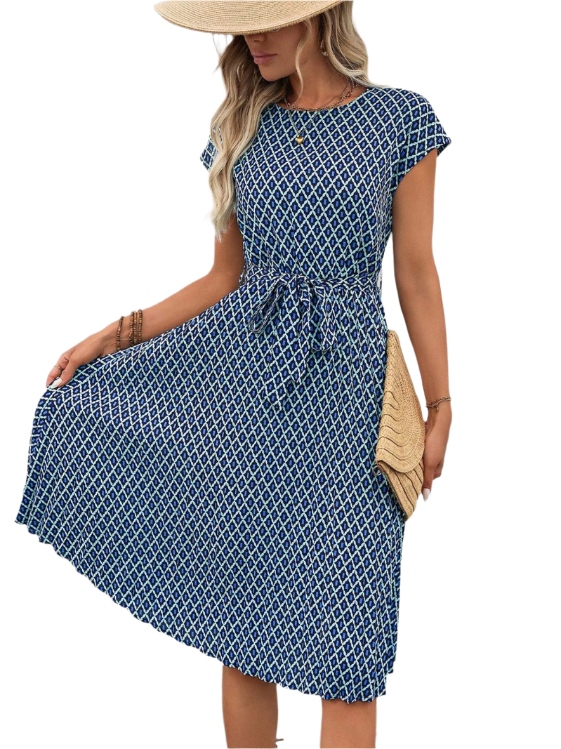 Perfee Printed Round Neck Short Sleeve Midi Dress