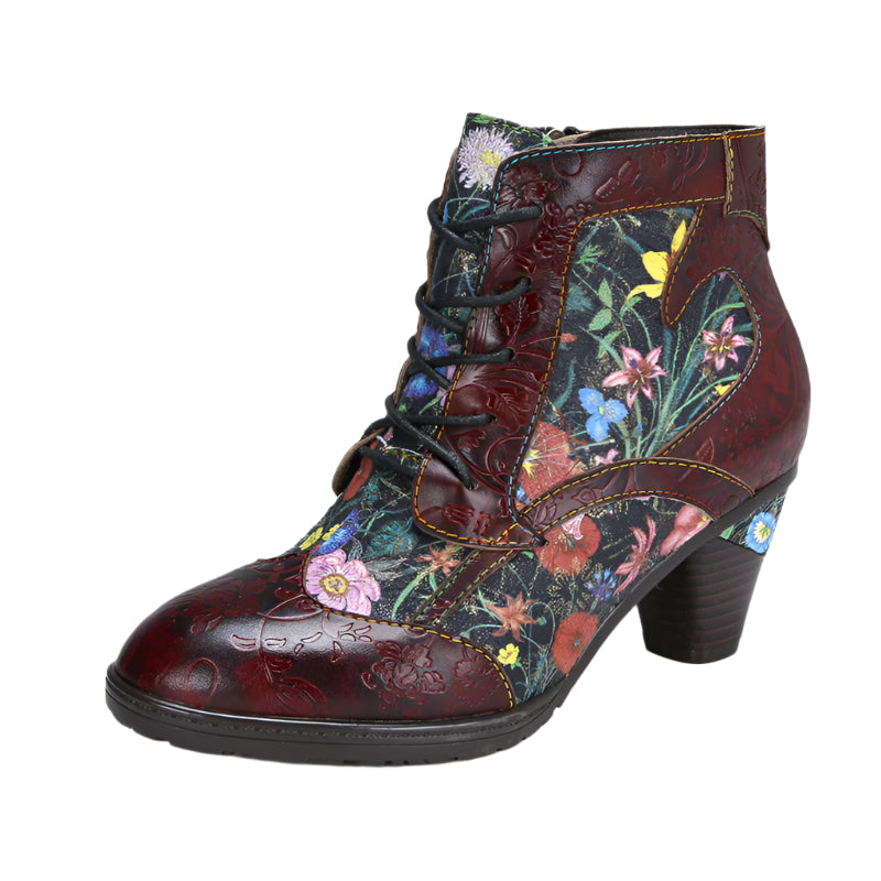 Cowhide Side Zipper Floral High Heel Ankle Boots