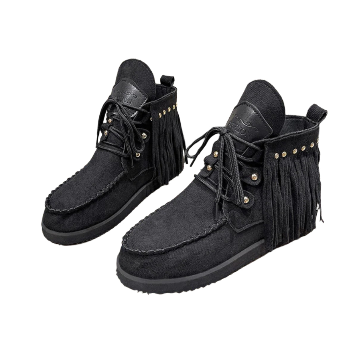 Fringe Studded Round Toe Canvas Boots