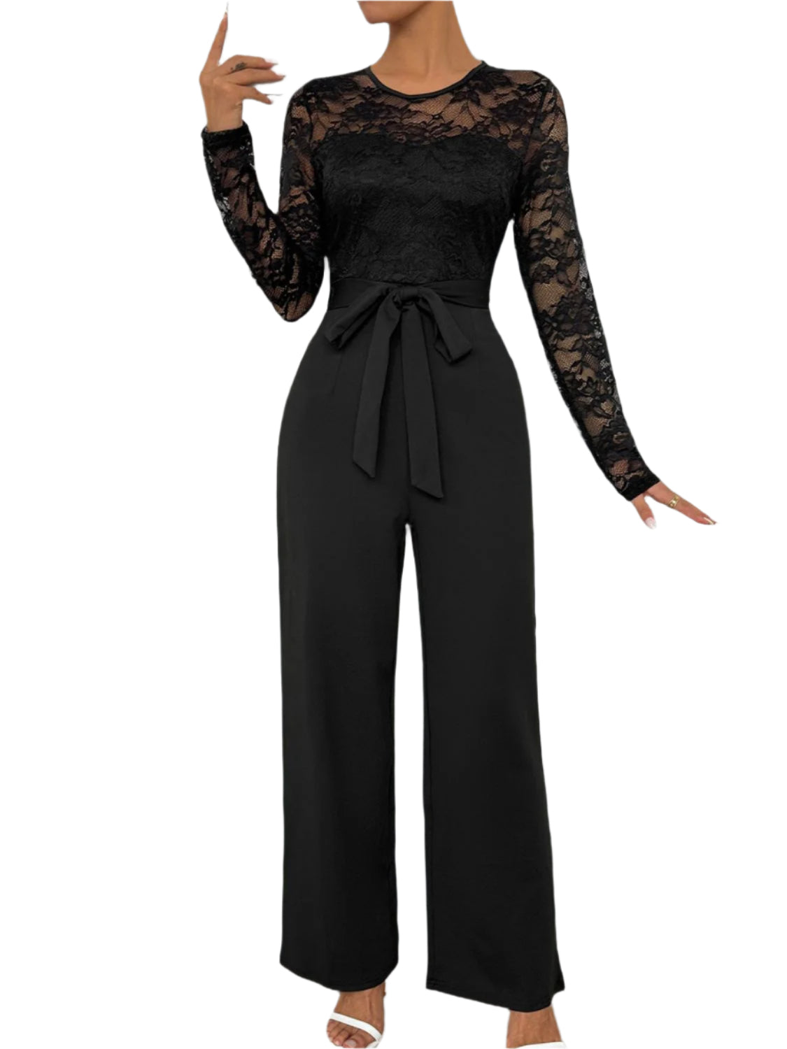 Perfee Lace Round Neck Long Sleeve Jumpsuit