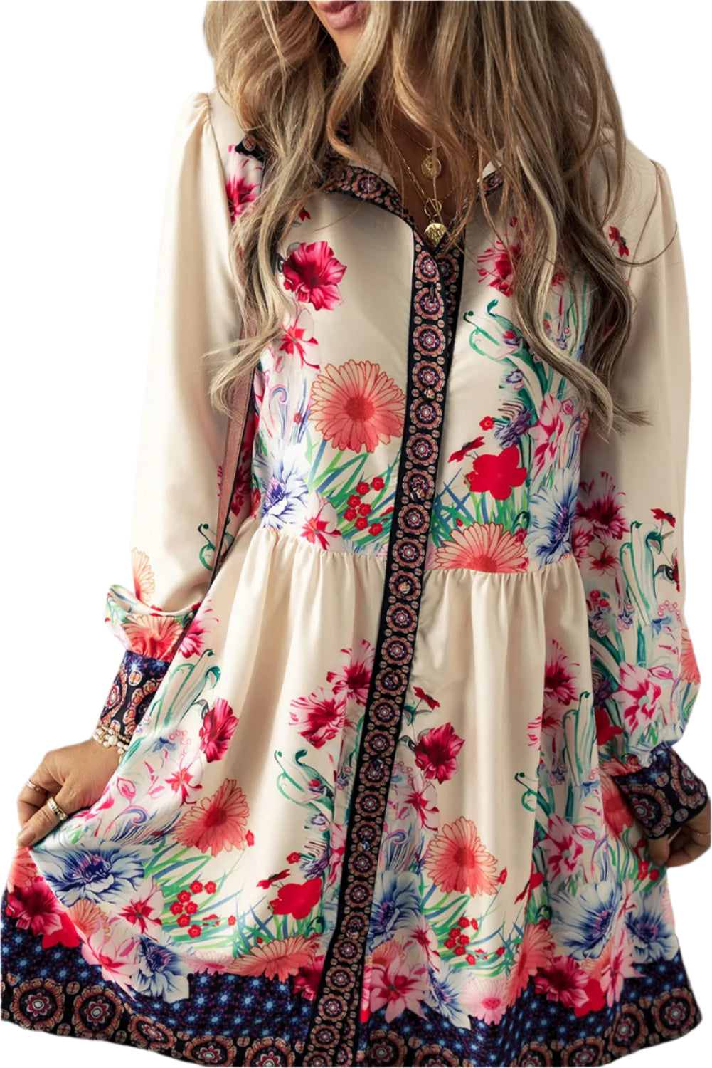 Flower Button Down Lantern Sleeve Dress